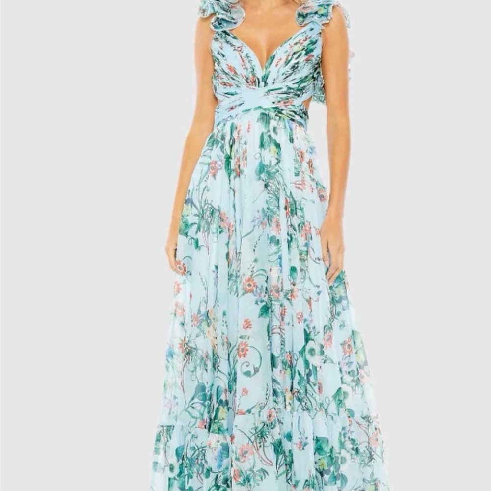 Mac Duggal Floral Print Maxi Dress in Light Blue
